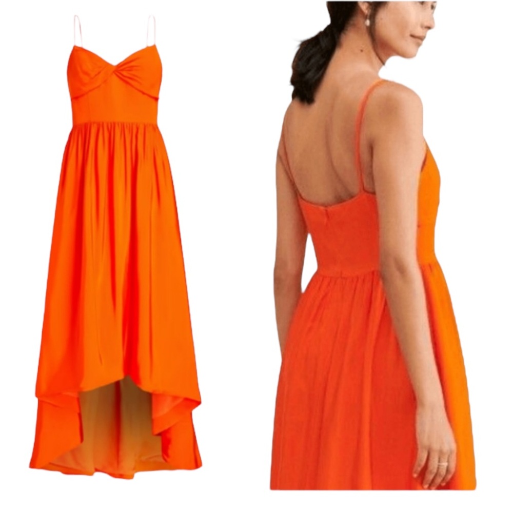 ML MONIQUE LHUILLIER Orange Faille Twist Front High Low Dress Size 8